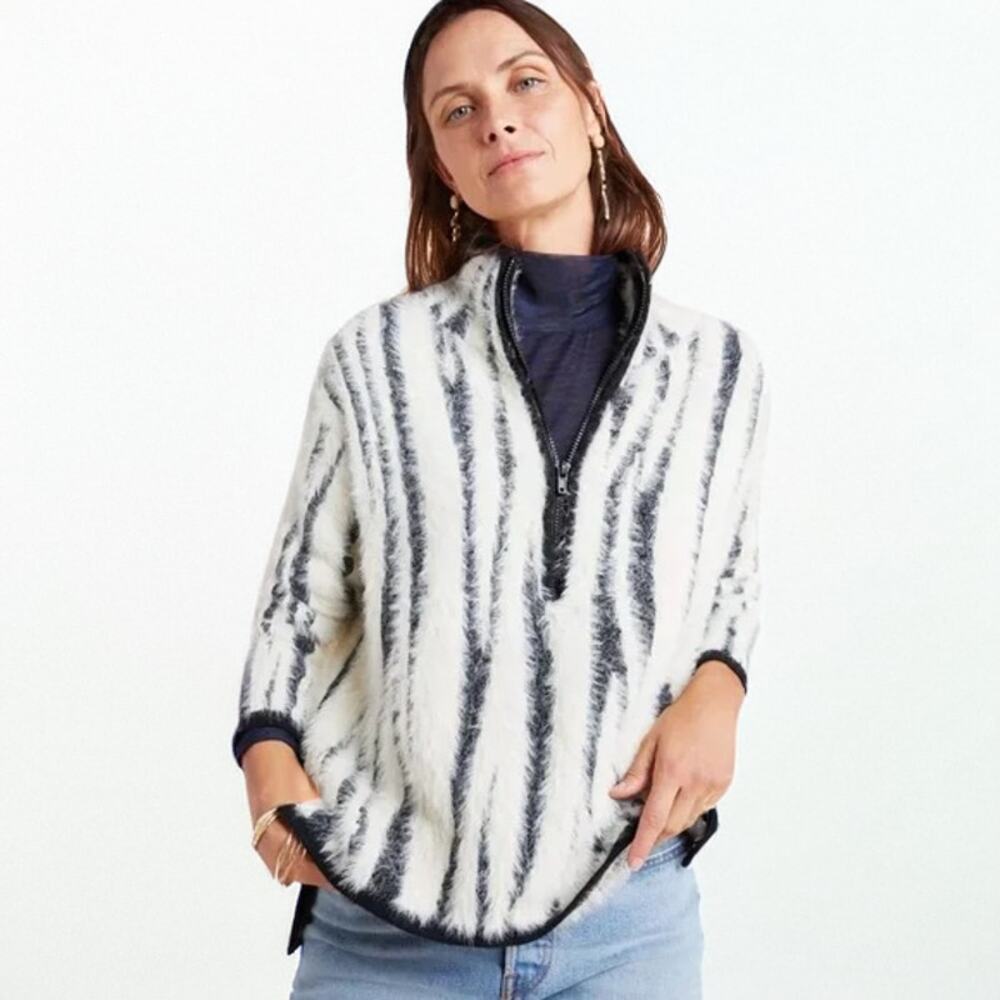 Anthropologie Cindy Eyelash Half-Zip Pullover Animal Print Black White M